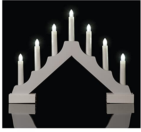 EMOS Portacandele a LED in legno bianco, classico portacandele con 7 luci a LED, funzionamento a batteria, 2 AA, interno IP20, funzione timer 6/18h, 35 x 29 cm