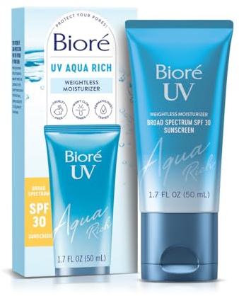 Biore SPF 30, Aqua Rich UV Weightless Moisturiser, Invisible High Protection, Hydrates With Hyaluronic Acid, No White Cast, Non Oily Sun Cream, Japanese Sunscreen, 50ml