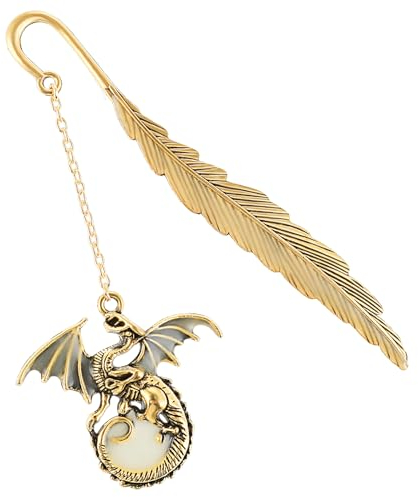 Jeffdad Leuchtende Metall Feder Lesezeichen, Vintage leuchtet im Einzigartiges Glow in the Dark Lesezeichen Geschenk 3D fliegender Drache Anhänger für Buchliebhaber Liebhaber (Goldener Drache)