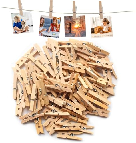 Set 100 Mini Mollette in Legno 2.5cm, Mollette per Bucato Riutilizzabile - Accessorio Versatile per Bucato e Creazioni Artistiche, Mollette per Foto e Decorazioni Fai-da-Te