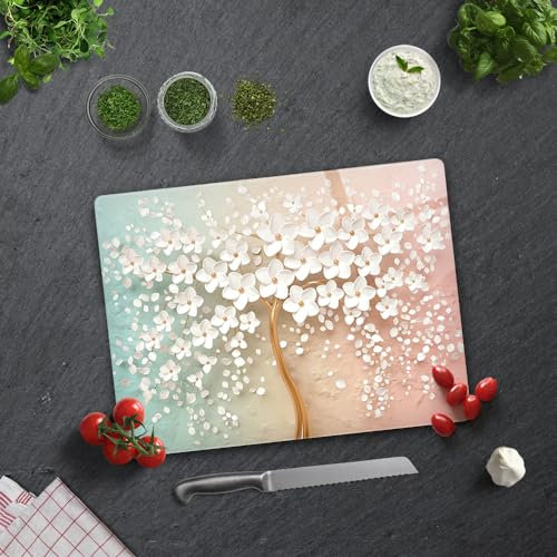 Decoritashop Tagliere da cucina in vetro temperato rettangolare con piedini in gomma, resistente al calore, antiscivolo, 30 x 40 cm, fiore bianco colorato, BRCKT0103000000