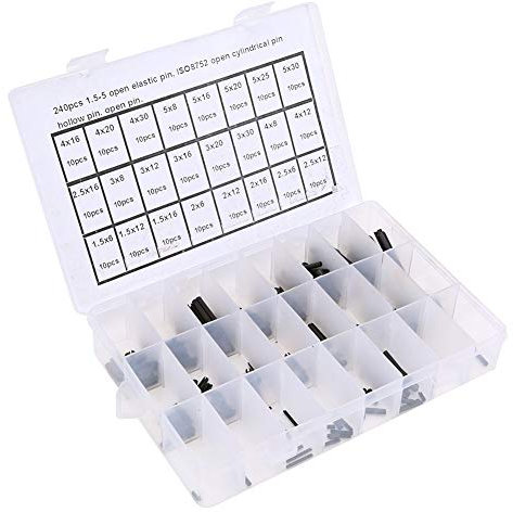 Juego de 240 Pasadores de Posicionamiento Cilíndricos Elásticos en Acero Al Carbono, Pasadores Huecos, Tamaños 1,5-5