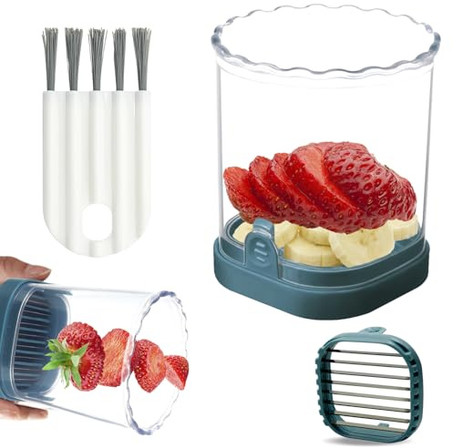 Cortador de fresas: cortador de frutas, taza para cortar frutas, cortador de tazas, utensilio de cocina para cortar frutas, utensilio de cocina para cortar fresas (verde azulado oscuro)