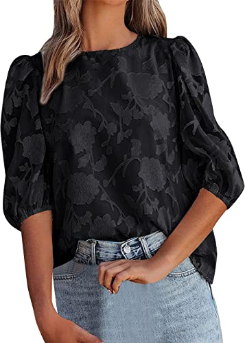Estopa Camiseta Ofertas Mujeres Cuartos Mangas Puff Mangas Cuello Top Gasa Suelta Flor Casual Camisa Camisa Mujer Vaquera Camiseta Oversize Top Espalda Descubierta Mujer Camis Top Ganchillo Ofertas
