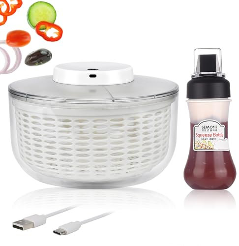 TBRFP Elektrische Salatschleuder 6L,Salad Spinner,Salatschleuder mit Deckel mit 350ml Squeeze Flasche & Küchenreibe,Elektrische Gemüse-Waschmaschine mit USB,Automatische Salat Schleuder mit Deckel