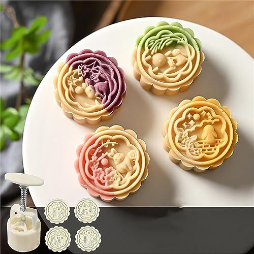 Hand Press Mooncake Mold Moon Cake Mould 50g, Rabbit Dance Shape Moon Cake Mould, with 4 Cookie Stamps Cookie Press Mid Autumn, Making Traditional Festival Mooncakes