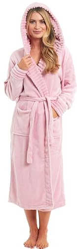 KATE MORGAN Ladies Dressing Gown Fluffy Super Soft Hooded Bathrobe for Women Plush Fleece Perfect Loungewear Long Robe | Gifts for Women Pink 12-14
