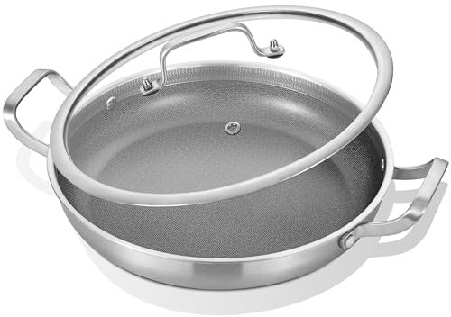 Inqibee 32 CM Hybrid Tri-Ply Stainless Steel Non Stick Paella Pan with Lid,Induction Cooking Pan,Even Heating and Oven Safe