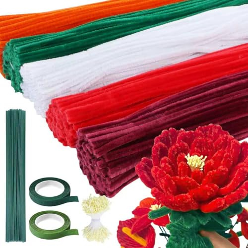 Niuny Limpiapipas Manualidades 500PCS Limpia Pipas 5 colores Pipe Cleaner Tallos de Chenilla Kit de Flores de Limpiapipas Rojo con Tallo Floral Artificial Estambres Cintas Adhesivas para Ramos DIY