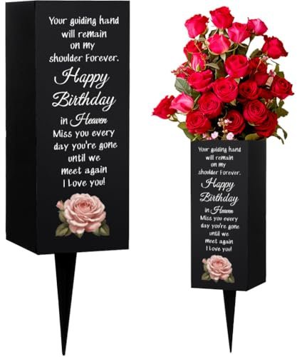 WEBEEDY Cemetery Vases Happy Birthday in Heaven Grave Vases with Spike Rose Flower Cemetery Decorations for Grave Garden Yard, Memorial Vase Sympathy Gift for Happy Heavenly Birthday, 8x20cm, 1 Pc