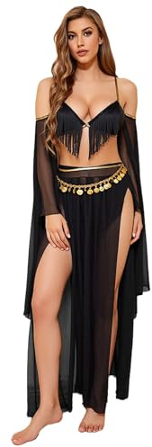CHICTRY Mesh Belly Dance Costume for Women Stage Show Belly Dancer Outfit Fringe Bra Top with Mesh Skirt Black S