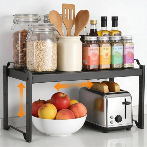 Kitchen Counter Shelf Organiser, Expandable Cupboard Shelf 32-53cm, Heavy Duty Kitchen Shelves Counter Top Storage, Black Adjustable Shelving with 3 Height Settings for Desktop Cupboard Organiser