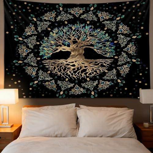 Vyranut Tapiz Mandala Árbol de la Vida – Decoración boho blanco y negro con sol y luna, ideal para dormitorio, salón, yoga y meditación – 150×200 cm