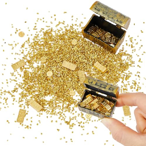 DICOSMETIC 3 juegos de cofre del tesoro de oro sintético, incluye 60 barras y monedas de oro de imitación de 16,8 g, juego de cofre del tesoro en miniatura, mini caja de almacenamiento de joyas pirata