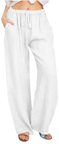 YBEBEWE Linen Trousers Womens Cotton Linen Drawstring Relaxed-Fit Wide-Leg Trousers with Pockets Ladies Summer Casual Breathable Palazzo High Waisted Elasticated Joggers for Sports Running