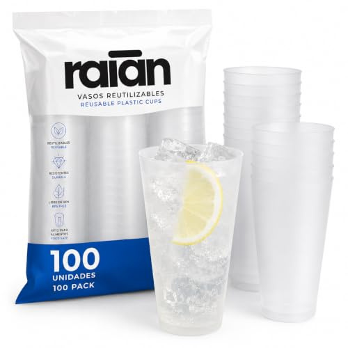 raian 100 Ud Vasos de Plástico Duro Desechables Reutilizables 480ml Altos | Vasos altos de plástico duro transparente para mojito, cerveza, sidra y cócteles. Resistentes para fiestas y eventos.
