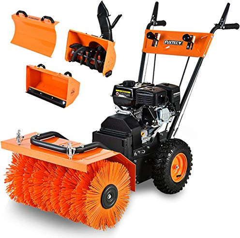 FUXTEC Benzin Kehrmaschine FX-KM196 mit Kehrbesen und 196cc Hubraum inklusive Schneeschieber, Schneefräsenaufsatz und Kehrgutsammelbehälter/Auffangbehälter