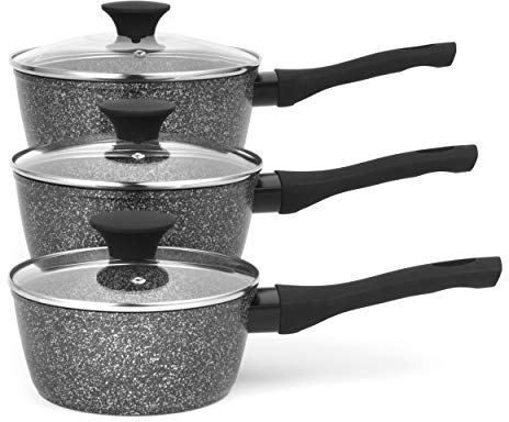 Salter BW05751S Megastone Set Di 3 Pentole - 16/18/20 cm Casseruole Antiaderente, Pentola A Induzione, Include Coperchi In Vetro Temprato, Pentole Forgiate In Alluminio, Lavabile In Lavastoviglie