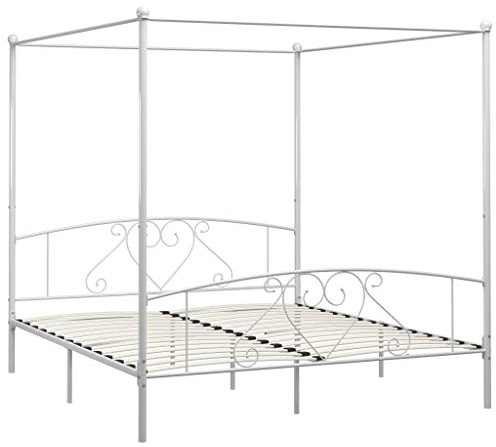 vidaXL Cadre de Lit à Baldaquin Lit Double Lit Adulte Lit Coffre Sommier à Lattes Chambre à Coucher Maison Intérieur Blanc Métal 180x200 cm
