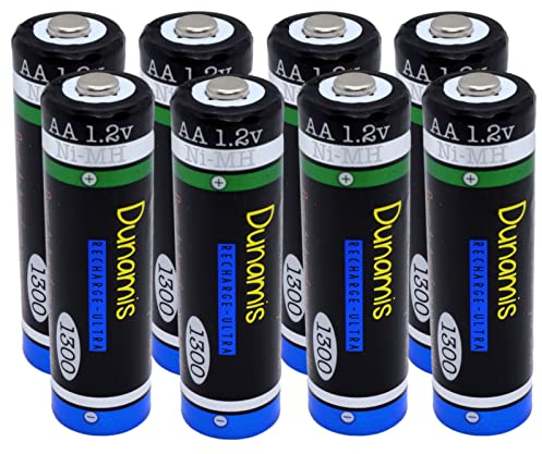 Dunamis - Confezione da 8 batterie ricaricabili NiMH, 1,2 V, AA, 1300 mAh, capacità media, adatte per la maggior parte degli usi standard, tra cui luci solari da giardino