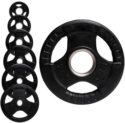 Olympic Weight Plate Tri Grip Disc Rubber Coated Cast Iron Weights Plate Set Solid Lifting Plates 3 Handles Portable Vinyl for Deadlift Barbell Dumbbell Bars Strength Training Home Gym Fitness Workout
