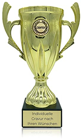Zelaro Pokal mit Gravur Wunschtext | Pokale als Geschenk für Männer, Frauen und Kinder | Wanderpokal Bierpong und Tippspiel | Henkelpokal in Vier Größen (Gold 14cm)