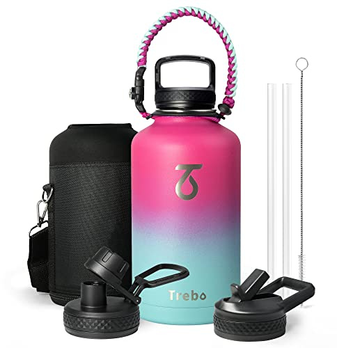 Trebo Insulated Water Bottle 64 oz, Half Gallon Metal Vacuum Water Jug with Paracord Handle and 3 Lids, Leakproof BPA-Free Flask for Gym Sports Hiking Travel, Keep Cold 48 Hours, Rose Red