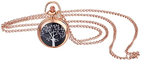 JewelryWe Taschenuhr Damen Elegant Baum des Lebens Analog Quarz Uhr mit Halskette Kette Pocket Watch Geschenk Rosegold