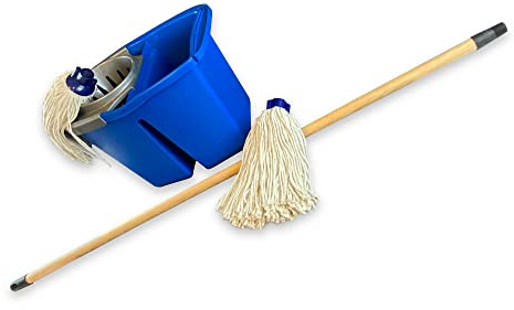 Kit balai à franges espagnol | Seau double bac professionnel 2x7 litres | Essoreur espagnol clipsable | 2 franges espagnoles | Manche en bois en pin des landes Longueur 1,25 m | Kibros SODBESP