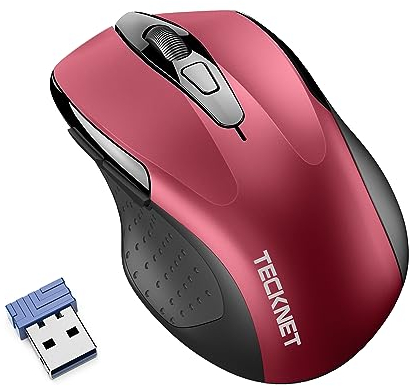 TECKNET Silent Kabellose Maus, 2.4GHz Leise Funkmaus mit Nano Empfänger, 4000 DPI Optical Tracking, 6 Einstellbare DPI Stufen, 24 Monate Batterielaufzeit, Kompatibel mit PC, Mac, Laptop - Rot