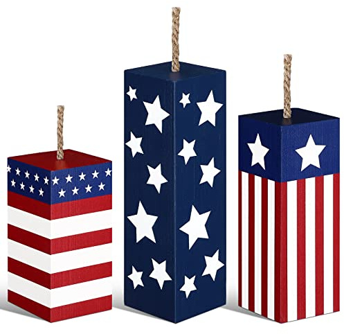 Weysat 3 Pcs 4th of July Wood Firecracker Decorations Patriotic Table Centerpieces Glitter Red White Blue Star Firework Tabletop Sign 250th Anniversary American Flag Tiered Tray Decor for Home