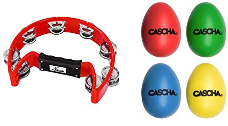 XDrum Hand Tambourin Halbmond Form, rot & CASCHA Egg Shakers Rasseleier I Percussion Musikintrument I bunte Musikeier Klangeier I Rhythmus Eier I Kunststoff I 4 Stück, HH 2003, rot, blau, gelb, grün