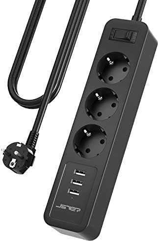 JSVER Steckdosenleiste Mehrfachsteckdose (3680W 16A) USB Verteilersteckdose 3 Fach mit 3 USB Ladeanschlüsse Wandmontage mit 3M Kabel für iPhone Smartphones Tablets -Schwarz