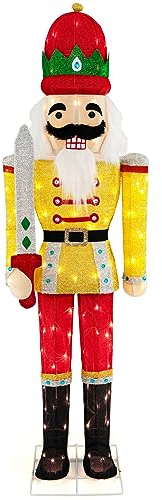 COSTWAY Soldat Casse-Noisettes de Noël Lumineux, Figurine Grandeur Nature de 166 cm de Hauteur avec Socle en Métal Lumières LED, Décoration de Noël Intérieure et Extérieure