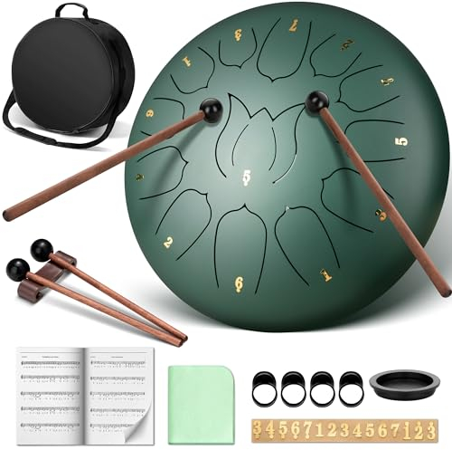 CAHAYA Steel Tongue Drum 12 Zoll 13 Töne: Zungentrommel Schlagzeug Anfänger, Handpan mit Notenbuch, Trommelstöcken, Steel Pan Töne Drum Schlaginstrument für Meditation Yoga, Malachit CY00374-1