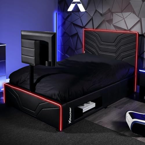 X-Rocker Oracle RGB TV Gaming Bed with Rotating TV Mount and Neo Fibre LED Lighting, Storage and Cable Management, Small Double 4ft Low Sleeper Bedstead 40 TV with 120x190cm Mattress Included - BLACK