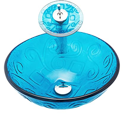 KJSHXYG Badezimmer-Waschbecken über der Theke, blaues gehärtetes Glas, Vintage-Waschtisch, Waschbecken, modernes Badezimmer-Waschtisch-Waschtisch-Set, Glas-Waschbecken