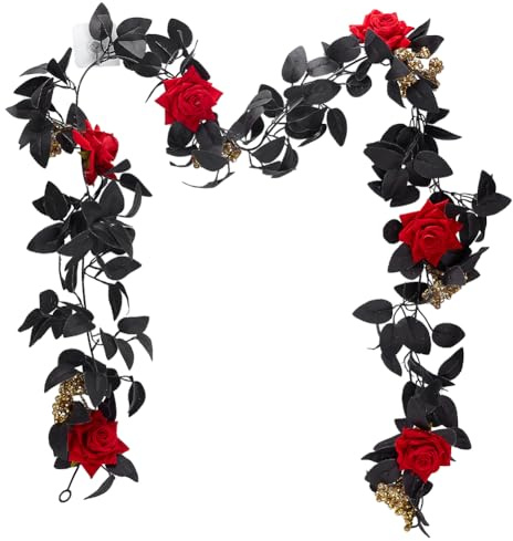 PH PandaHall 1,7 m konstgjord svart ros vinstockar, röd blomma vinstockar girlang blommig vägg hängande ornament girlang med gyllene bär svarta blad för bord bordsuppsats rum spegel halloween dekor