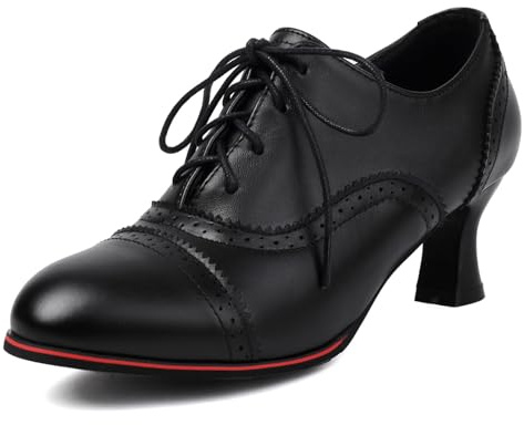 Lizoleor Tacco Gattino retrò Punta Rotonda Cordoncino Donna Pump Cross Strap Tacco Medio Scarpe Stringate Basse Closed Toe Richelieu Nero Numero 37 EU/38Cn