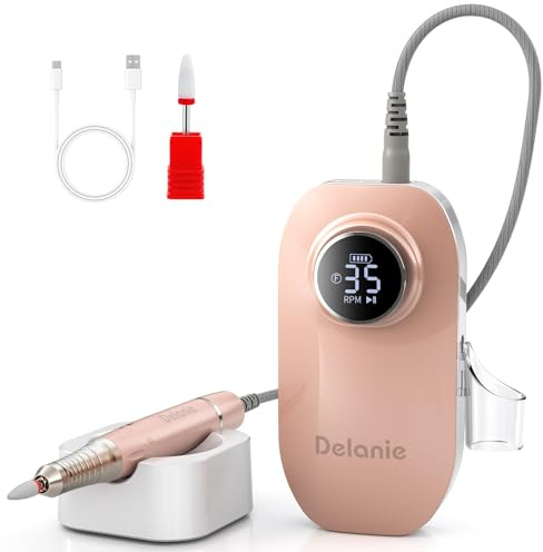 Delanie Ultra leise Nagelfräser für Gelnägel mit intelligentem Handstück Ablage, wiederaufladbarer Fräser Nägel mit Bürstenlosem Motor 35000 RPM, Tragbare elektrische Nagelfeile für Nagelstudio