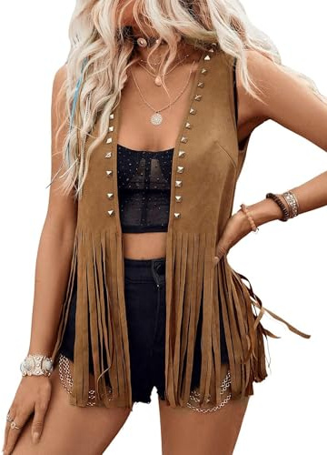 SANSIWU Women's Fringe Vest 70s Hippie Sleeveless Faux Suede Rivets Tassel Vest Waistcoat Cowgirl Western Jacket Cardigan (A-Dark Brown, M)