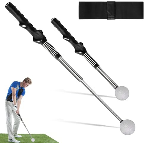 BNGXR Retractable Golf Swing Training Aid, Adjustable Golf Grip Trainer with Arm Posture Correction Band, Retractable Golf Grip Trainer for Warm-up, Retractable Golf Stick for Strength Tempo Training