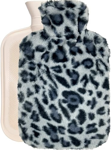 OliviaLiving Värmepåse, värmeflaska, 2 liter, för uppvärmning och omfrysning, med plyschskydd med leopardmönster, för smärtlindring, varmkylterapi (elegant blå)