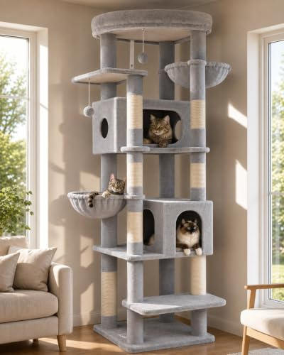 Globlazer Árbol Rascador Grande Alto 188 cm con 2 Grandes Nidos, 48 * 48CM Plataformas Acolchada, 2 Felpa Cesta, Estable Árbol Torre para Grande Gato 3-5 Adulto Gatos Más de 5 kg (S74, Gris Claro)