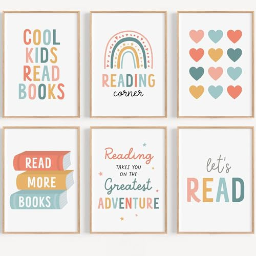 Stampe artistiche da parete per bambini, set di 6 poster senza cornice, per angolo libro o decorazione in classe, simpatici cartelli motivazionali per la lettura, per camera da letto o biblioteca per