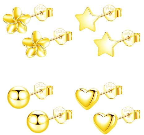 Hinvan Pack de 4 Pares Pendientes de Oro Mujer Niña Hipoalergénico Pendientes Estrella Bola Flor Corazon Pequeños Aretes de Mujer Oro Dorada