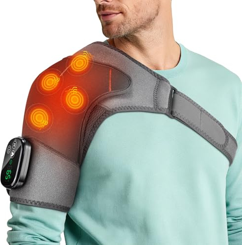 Cuscinetto Massaggiatore per Spalle Riscaldante Senza Filo, Tutore Riscaldante per Spalle con Controllo Touch Screen, 5 Livelli di Calore, 5 Modalità Vibrazione, Timer, Batteria 5000mAh e 4 Motori
