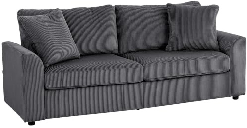 HOMCOM Canapé 3 Place Velours Côtelé 212 cm avec 2 Oreillers Gris Foncé | Canapé Moderne, Coussins à Ressorts, Accoudoirs et Dossier Rembourrés, Sofa pour Salon, Chambre, Bureau