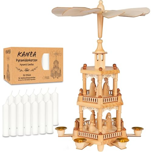 Brubaker Piramide Natalizia con Set di 50 Candele Bianche - Carosello Rotante a Tre Livelli con Figure in Legno Dipinte a Mano - 44 cm Decorazione Festiva - Finitura Naturale