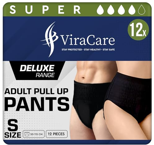 12 x Black Super Incontinence Pants Women and Men, Adult Nappies | High Absorption, Anti-Leakage, Soft-Stretch Waistband, Breathable, Discreet Fit, Adult Diapers, Small Size (1 Pack of 12)